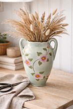 Load image into Gallery viewer, Vintage vase i mintgrønn keramikk med håndmalte blomster
