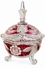 Load image into Gallery viewer, Vintage glasskål med lokk – rubinrød dekor
